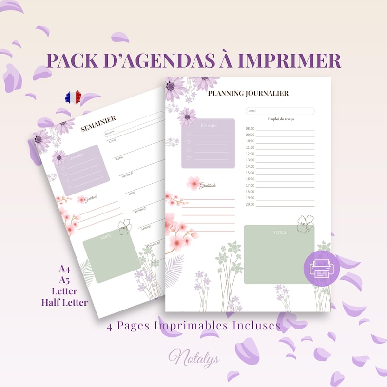 May include: Printable planner pages with floral and butterfly designs. The pages include a weekly and daily planner layout, with space for notes and gratitude. The text includes "Pack d'Agendas &agrave; Imprimer", "Planning Journalier", and "4 Pages Imprimables Incluses".