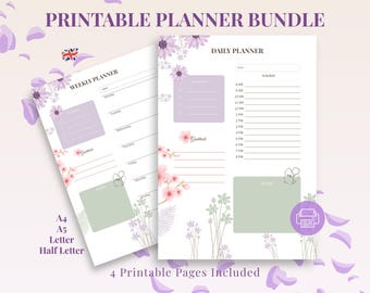 Floral Bliss Printable Planner Bundle • Daily Weekly Organizer PDF • A4 A5 US Letter Half Letter • Digital Download for Home & Office
