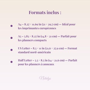 May include: A light purple background with the text "Formats inclus :" followed by a list of paper sizes, including A4 (8.27 x 11.69 inches), A5 (5.83 x 8.27 inches), US Letter (8.5 x 11 inches), and Half Letter (5.5 x 8.5 inches).