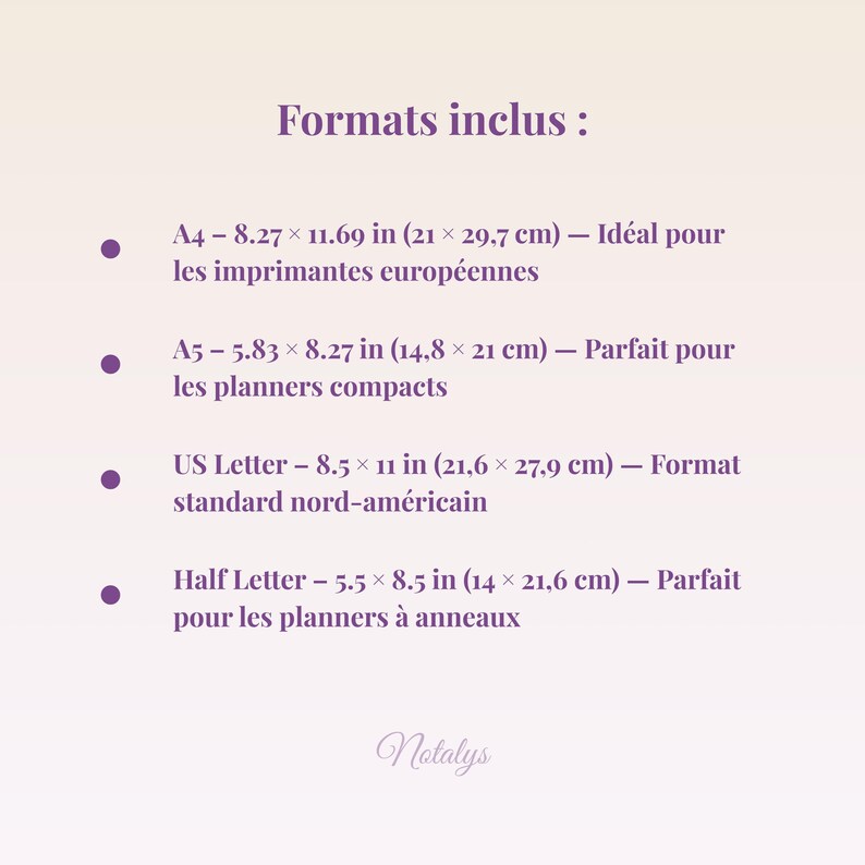 May include: A light purple background with the text "Formats inclus :" followed by a list of paper sizes, including A4 (8.27 x 11.69 inches), A5 (5.83 x 8.27 inches), US Letter (8.5 x 11 inches), and Half Letter (5.5 x 8.5 inches).