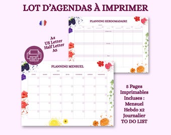 Ensemble de Planners • PDF Imprimable Mensuel Hebdomadaire Journalier & To Do List • A4 A5 US Letter Half Letter • Organisation au Quotidien