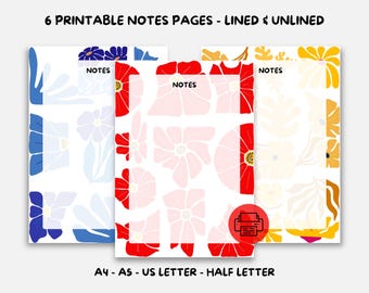 Aesthetic Printable Notes - Lined & Unlined Pages - A4 A5 US Letter Half Letter - Cute Writing Journal - PDF Instant Download