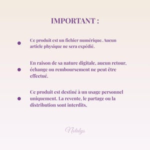 May include: A digital product notice on a light purple background. The text reads "IMPORTANT:" followed by three bullet points detailing the product's digital nature, lack of physical shipping, and usage restrictions. The Notalys logo is at the bottom.