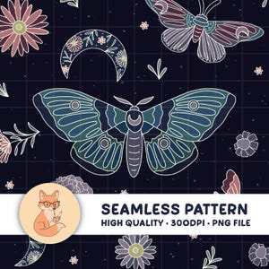 Celestial Moth Garden Witchy Hand Drawn Seamless Pattern 300 DPI Instant Download for Digital Papers, Vinyl, Fabric Surface Design