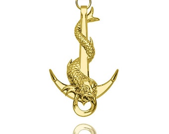 18k Gold Large Anchor necklace pendant with Sea creature