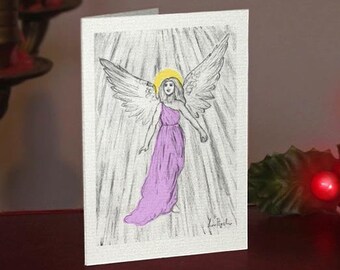 Guardian Angel Greetings Card -  Beautifully drawn luxury handmade on heavy textured card. FREE P&P for UK single card orders.