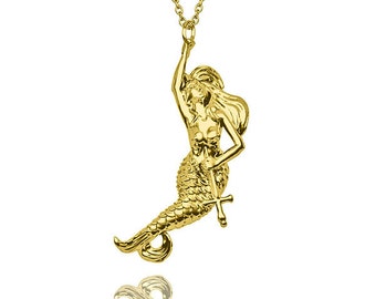 9k Gold Mermaid Ondine necklace pendant with chain.Handmade bespoke
