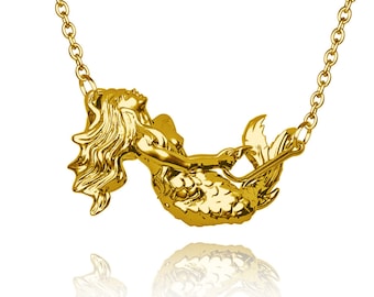 9k solid Gold Mermaid Coralia  pendant with chain. luxury handmade item