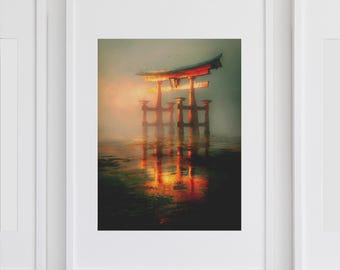 Torii Gate Wall Art｜Japanese Shrine Print｜Sunset Sacred Reflection Decor