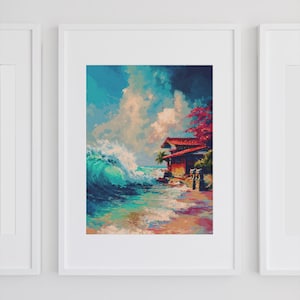 May include: Framed art print of a coastal scene with a Japanese building. The artwork shows a large turquoise wave crashing near the shore, with a red-roofed structure and a vibrant sky. The print is framed in a white border.