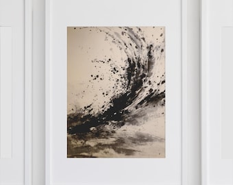 May include: Abstract art print in a white frame. The artwork features a dynamic composition of black ink splatters and brushstrokes on a beige background. The framed art is displayed on a white wall, creating a modern aesthetic.