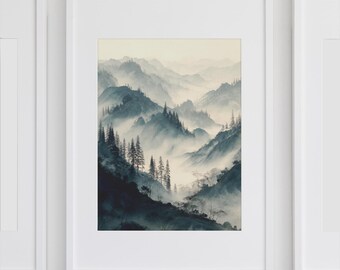 Misty Mountain Print｜Foggy Pine Forest Art｜Minimalist Landscape Poster