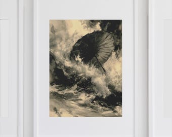 Japanese Umbrella Wall Art｜Sumi-e Ink Painting｜Stormy Sea and Waves｜Zen Wabi-Sabi Decor