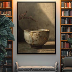 May include: A framed print featuring a ceramic bowl with gold accents. The bowl is set against a neutral background, with a hint of a floral branch. The artwork is displayed in a room with bookshelves and a bench.