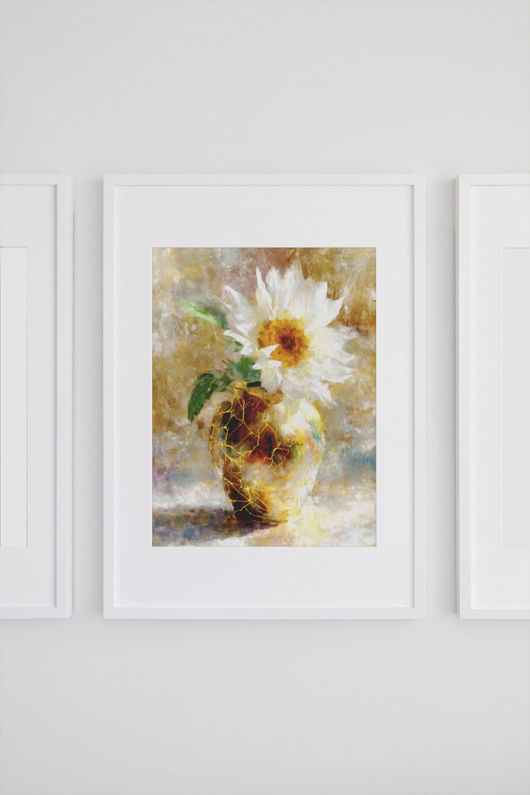 White Sunflower Wall Art kintsugi Vase Oil Painting Style golden Light White Sunflower Wall Art kintsugi Vase Oil Painting Style golden Light