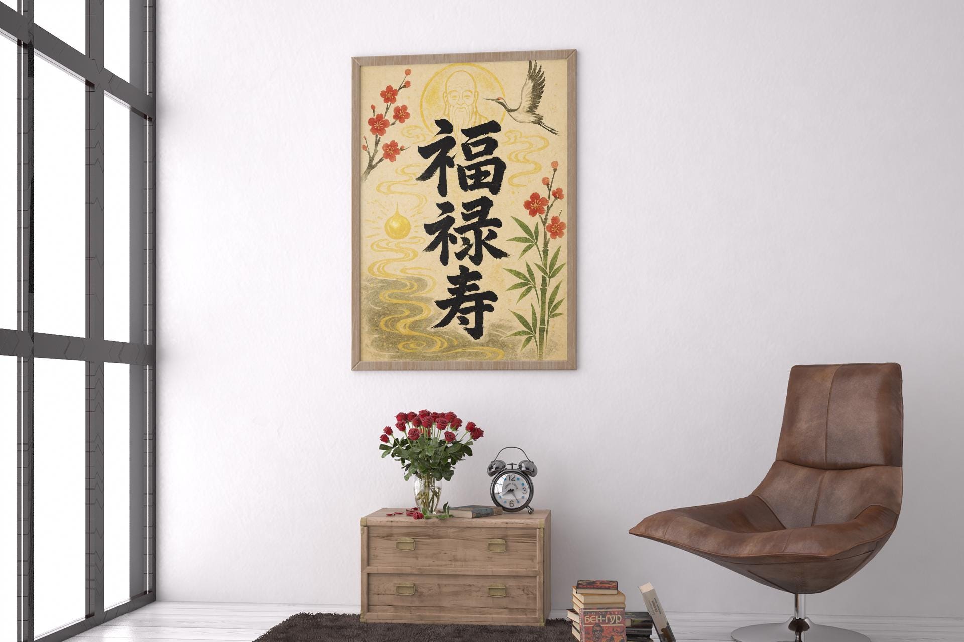 Fukurokuju Japanese God of Fortune Print: Crane, Gourd, Bamboo Art - Etsy