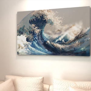 Japanese Wave Art Print, Blue White Contrast, Ukiyo-e Inspired Wall Decor, Dynamic Splash Gift