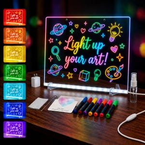 LED Light-Up Note Board with 7 Colors, 13"x10" Drawing Tablet for Kids, Includes Markers, Adapter, Cleaning Cloth & Hanging Chain
