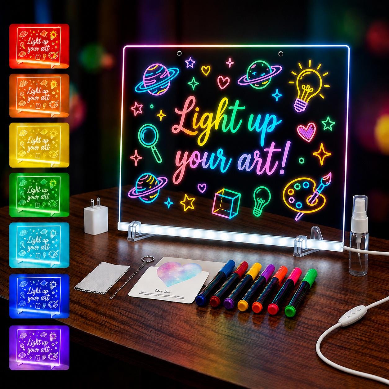 LED Light-Up Note Board with 7 Colors, 13"x10" Drawing Tablet for Kids, Includes Markers, Adapter, Cleaning Cloth & Hanging Chain