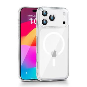 May include: Clear iPhone case with a MagSafe ring and Apple logo. The phone screen displays the time as 1:00 on Tuesday, September. The case is designed to protect the phone while allowing its original color to show through.