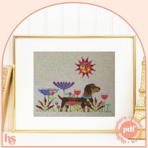 Dachshund Meadow - Modern Cross Stitch Pattern - Digital Download Pattern - the Happy Stitchery