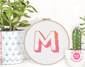 Two Tone Initial - M - Modern Cross Stitch Pattern - Digital Download Pattern - the Happy Stitchery