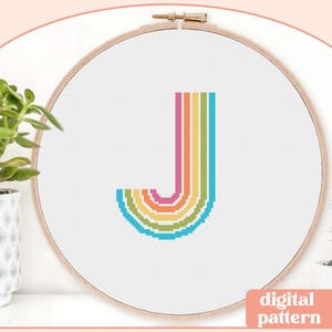 Retro Rainbow Initial - J - Modern Cross Stitch Pattern - Digital Download Pattern - the Happy Stitchery