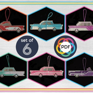 Midcentury Car Ornament set of 6 patterns - Modern Cross Stitch Pattern - Digital Download Pattern - Fathers Day Gift - the Happy Stitchery