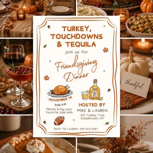Einladung zum Friendsgiving-Dinner, bearbeitbare Vorlage für eine Herbst-Potluck-Einladung, Thanksgiving-Treffen mit Freunden (5x7)