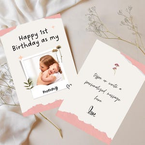 Cartão de 1º aniversário editável para mamãe | Cartão de primeiro aniversário da mamãe do bebê | Quadrado dobrado | Download instantâneo | Modelo Canva