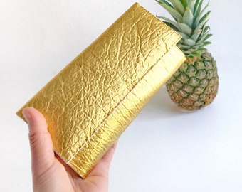 Pinatex leather metallic gold clutch evening bag, vegan wallet for women, gold wallet, credit card holder gold, statement clutch purse