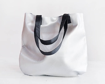 Vegane Tasche, Silber Tragetasche für Arbeit, Tragetasche Zeitgenössisch, Tragetasche Minimalist, Einkaufstasche Vegan Leder Tasche, Metallic Tragetasche Reisen