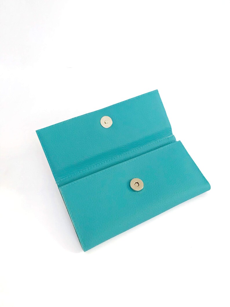 Cartera vegana para teléfono, tarjetero para mujer, cartera azul turquesa con tres pliegues para mujer, regalo de Navidad para esposa con accesorios veganos. imagen 7