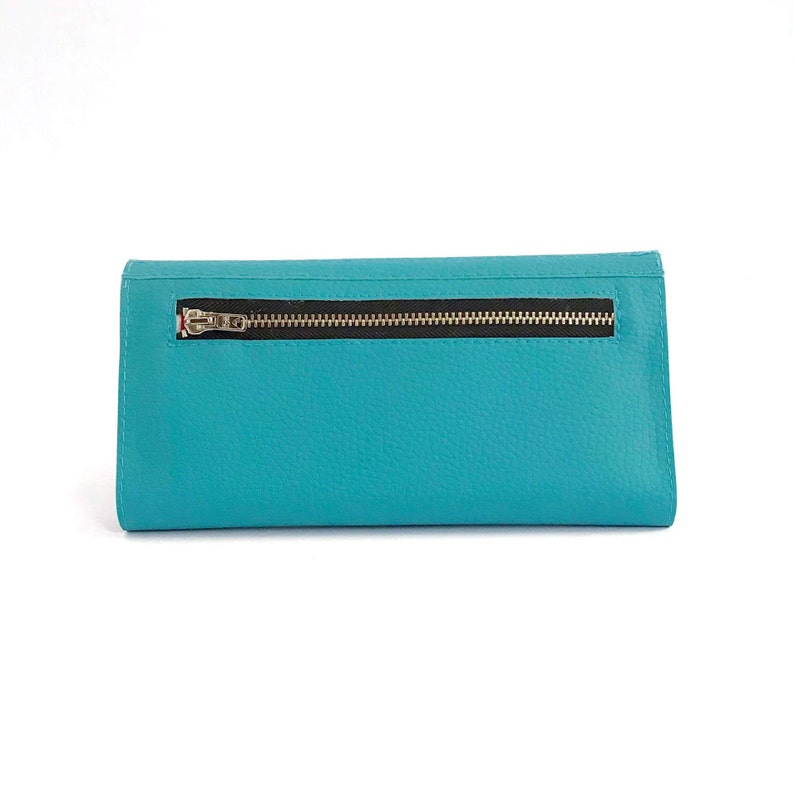 Cartera vegana para teléfono, tarjetero para mujer, cartera azul turquesa con tres pliegues para mujer, regalo de Navidad para esposa con accesorios veganos. imagen 5