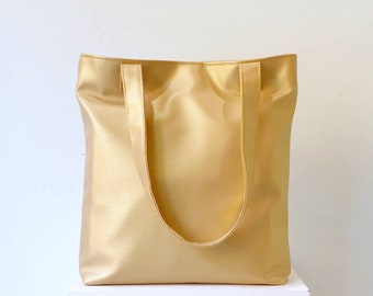 Bolso de mano dorado, bolso de mano minimalista para mujer, bolso de mano grande para el trabajo, bolso de mano vegano, bolso de hombro dorado, regalo vegano para el cumpleaños de la esposa