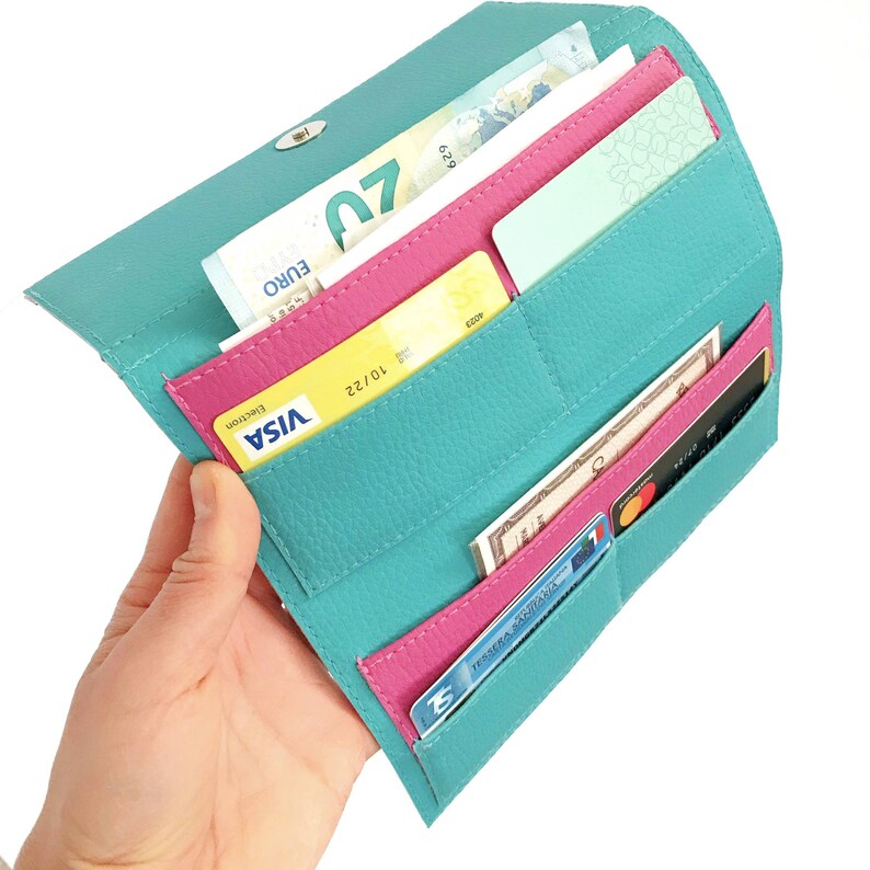 Cartera vegana para teléfono, tarjetero para mujer, cartera azul turquesa con tres pliegues para mujer, regalo de Navidad para esposa con accesorios veganos. imagen 6