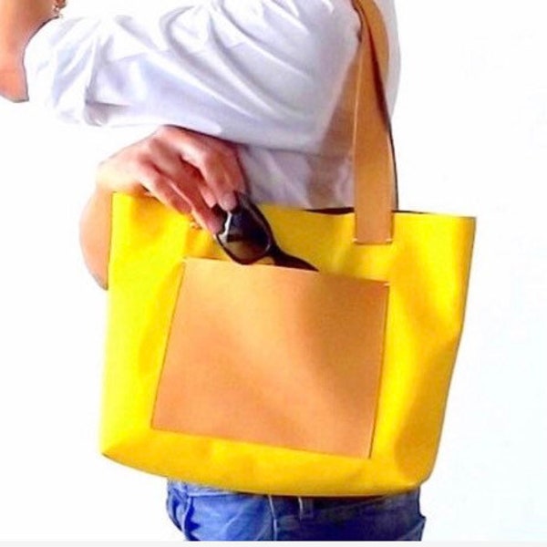 Yellow vegan tote bag with pocket, Yellow tote, Mini tote bag, Yellow handbag, Yellow leather bag, Italian bags, Custom bags, Choose colors
