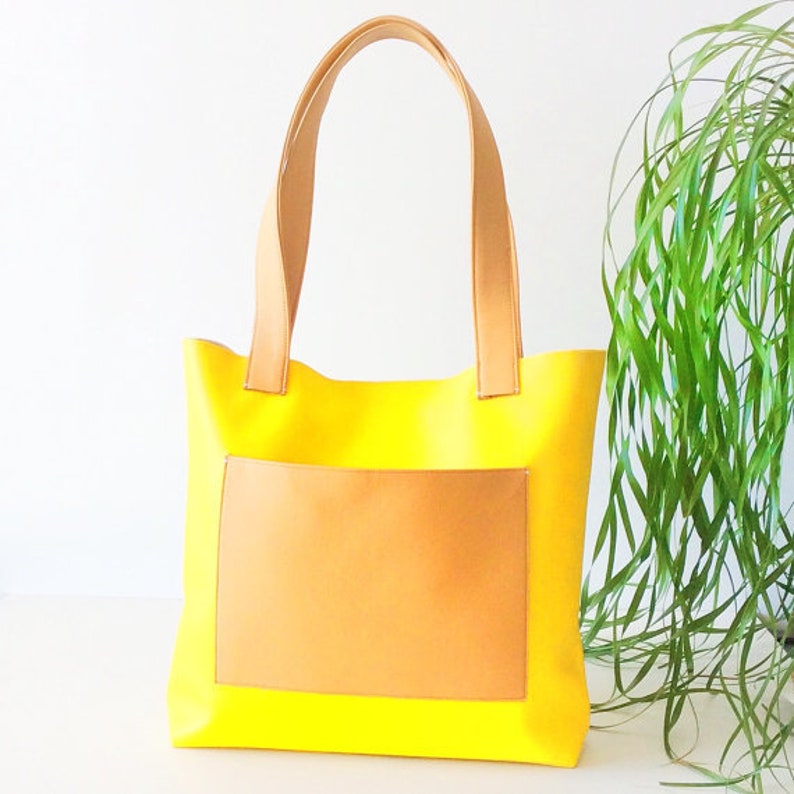 Yellow Vegan Tote Bag With Pocket Yellow Tote Mini Tote Bag Etsy