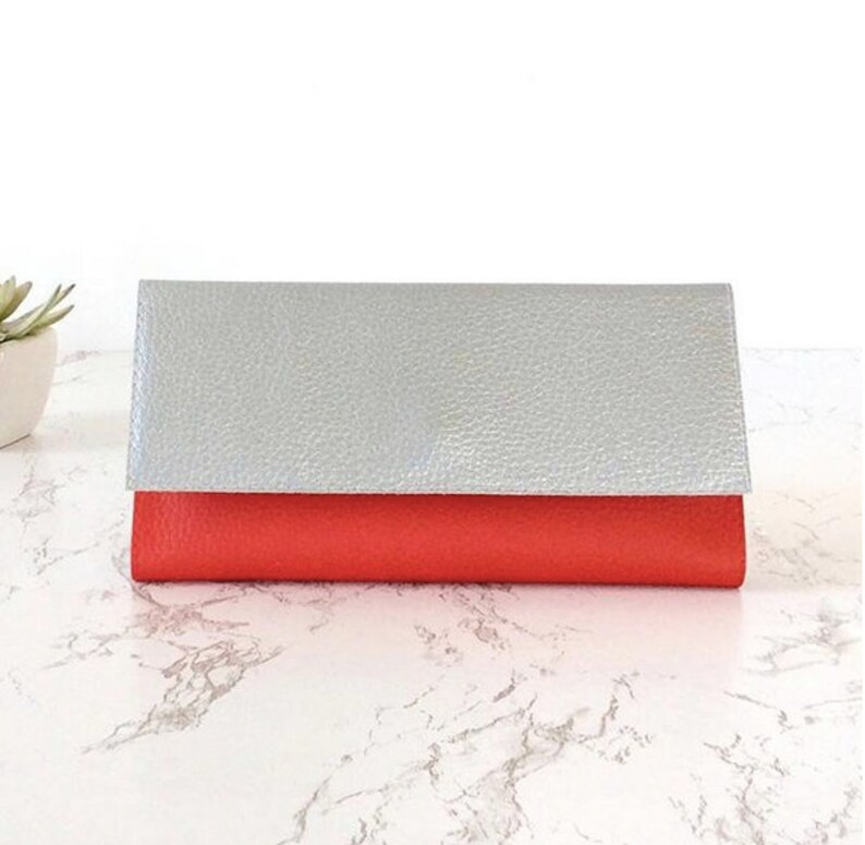 Personalized wallet vegan wallet personalized clutch wallet, cash envelope wallet women, faux leather wallet gift for her, choose colors SILVER/RED