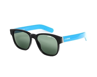 Lunettes de soleil LA Gear noires vintage des années 80 avec branches bleues, pour homme et femme, lunettes de soleil rectangulaires carrées, lunettes neuves inutilisées
