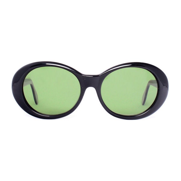 oval black vintage sunglasses  - round sunglasses for women - 80s new deadstock sun glasses - black frame with green lenses