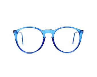 Blue round glasses, vintage oversized eyeglasses, transparent 80s eyeglass frames, translucent blue frame, mens and womens unisex spectacles