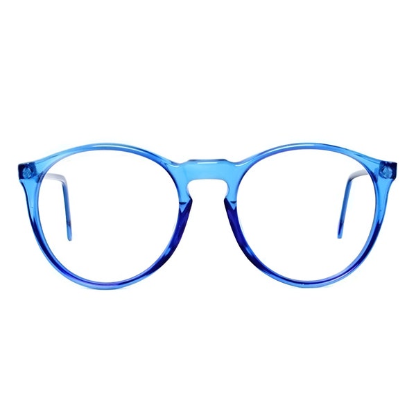 Blue round glasses, vintage oversized eyeglasses, transparent 80s eyeglass frames, translucent blue frame, mens and womens unisex spectacles