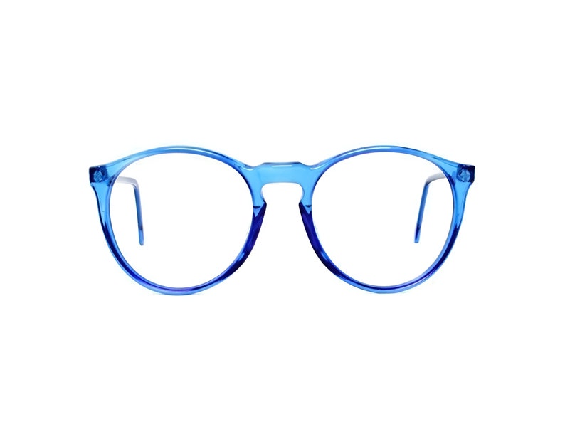 Blue round glasses, vintage oversized eyeglasses, transparent 80s eyeglass frames, translucent blue frame, mens and womens unisex spectacles image 1