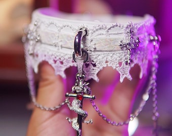 White Nun Collar: Python & Cowhide Leather, Handmade Cosplay Choker