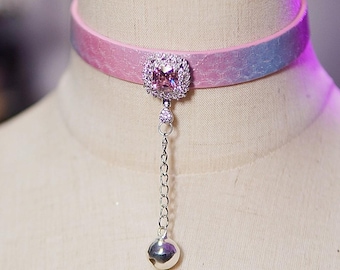 Handmade Ombre Leather Choker – Pink Blue Gradient Crystal Bell, Lolita Jewelry