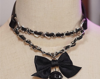 Handmade Leather Choker - Punk Lolita Bow & Bell Necklace