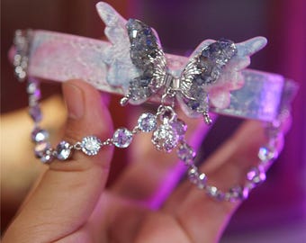 Handmade Leather Collar, Pink Snake Print, Crystal Butterfly Necklace