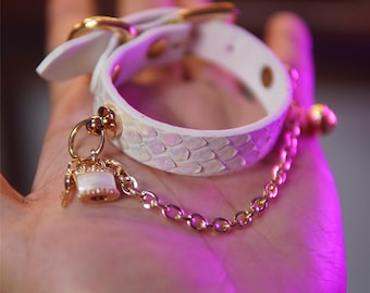 Iridescent White Leather Bracelet: Daddys Girl Collar, Handmade Choker