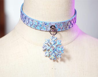 Unique Frosty Fish Leather Choker - Handmade Blue Iridescent Snowflake Necklace, Winter Fashion Statement Piece